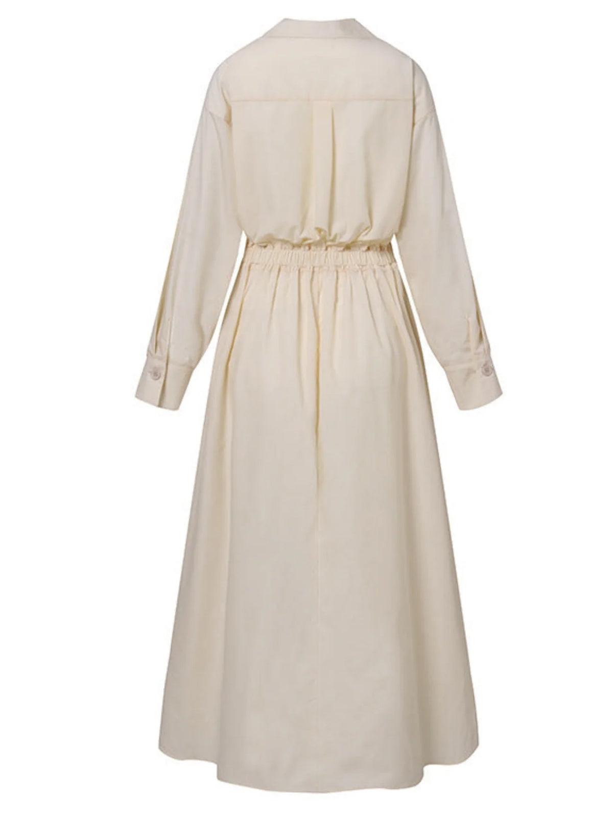 Stella ™ | Pocket Button Lapel Collar Fold Solid Midi Dress