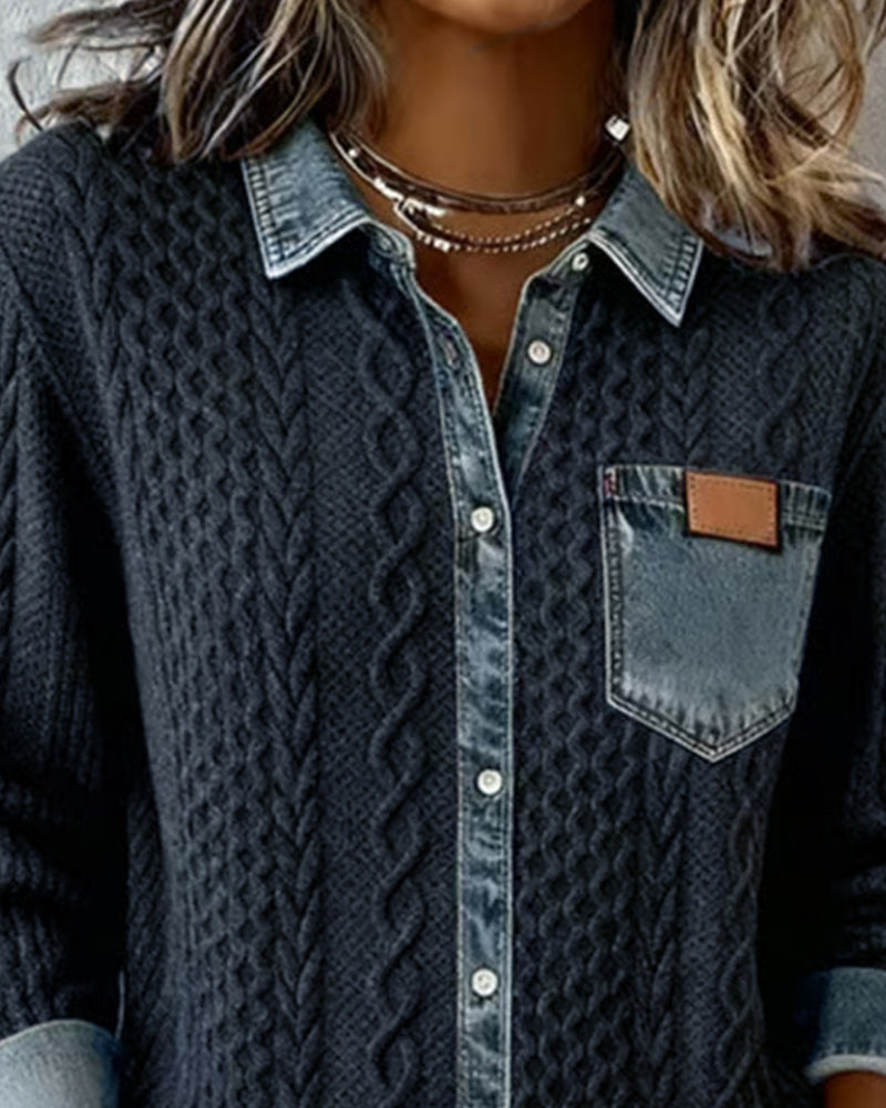 Stella™ | Cable Knit Denim-Trim Shirt