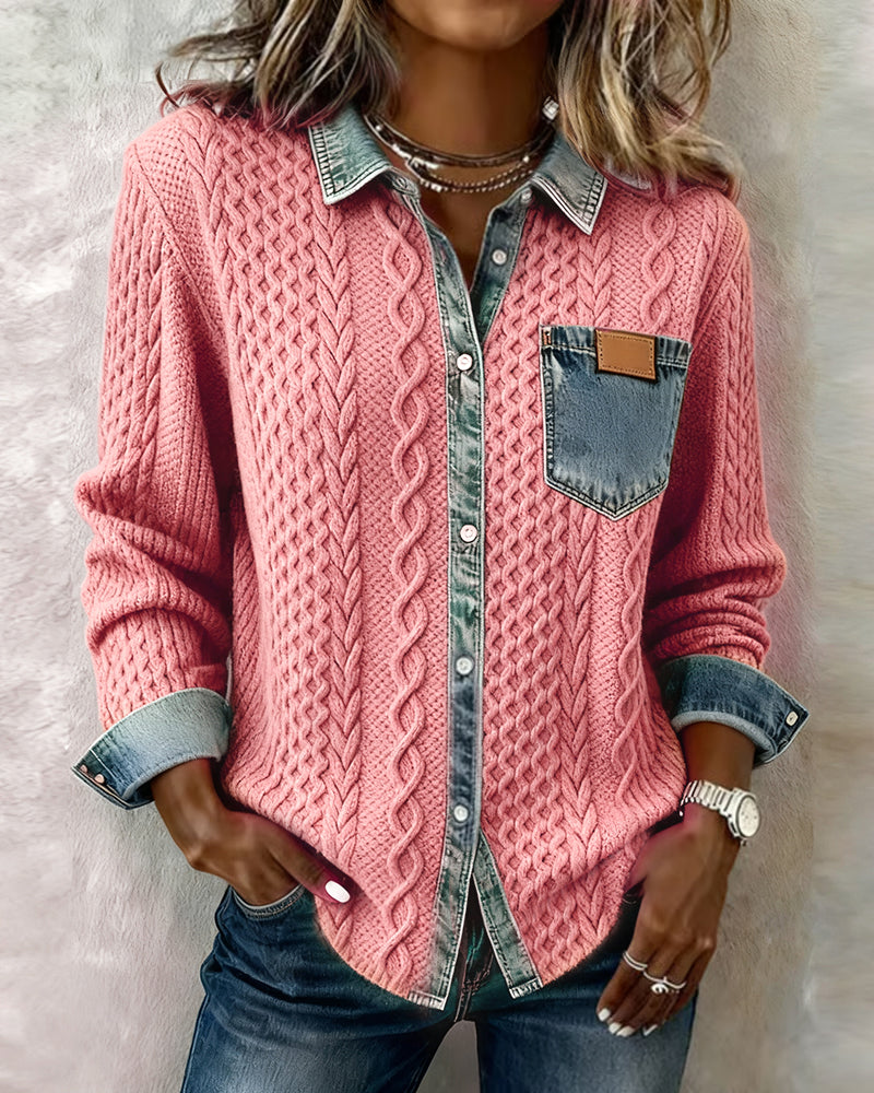 Stella™ | Cable Knit Denim-Trim Shirt