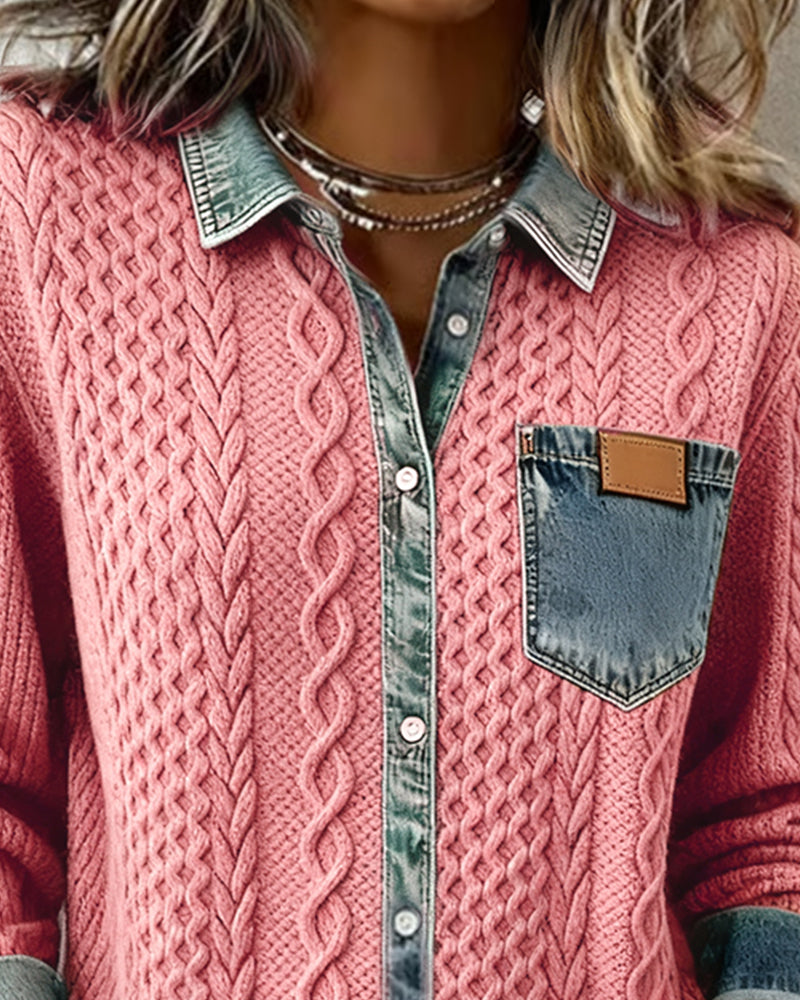 Stella™ | Cable Knit Denim-Trim Shirt