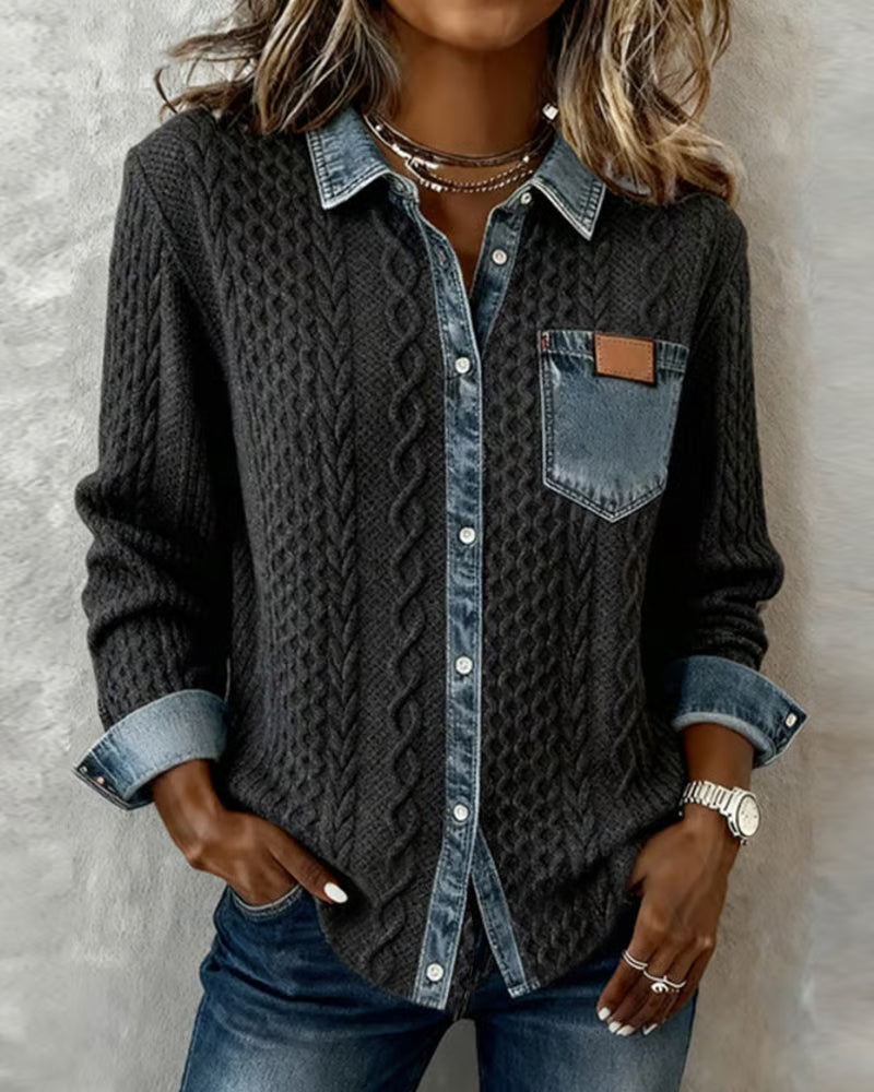Stella™ | Cable Knit Denim-Trim Shirt