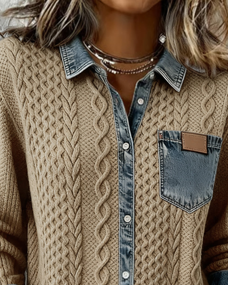 Stella™ | Cable Knit Denim-Trim Shirt