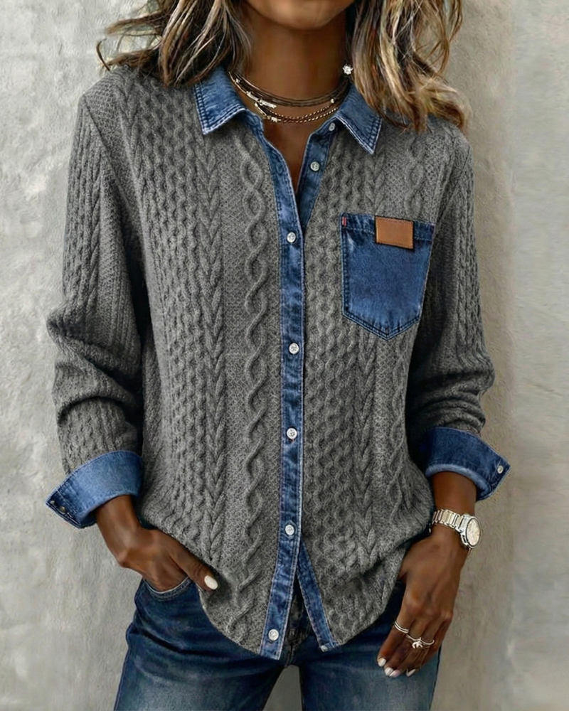 Stella™ | Cable Knit Denim-Trim Shirt