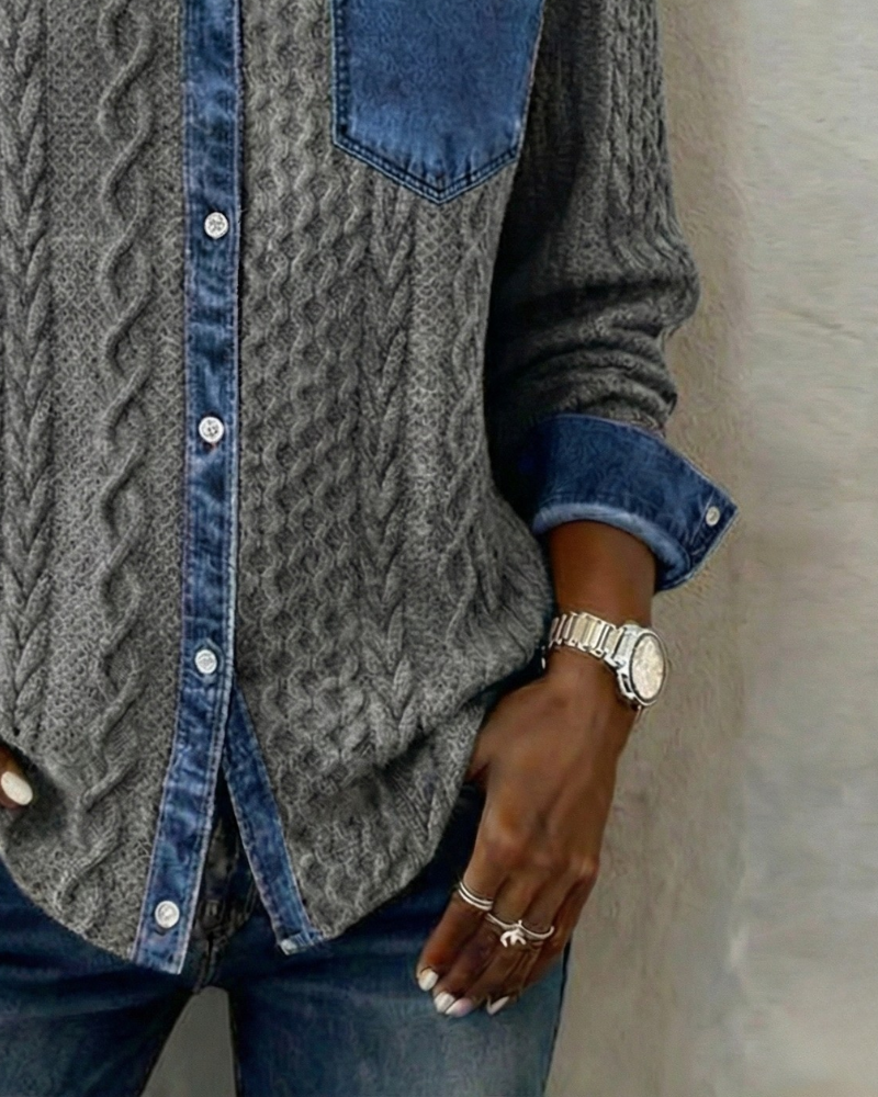 Stella™ | Cable Knit Denim-Trim Shirt