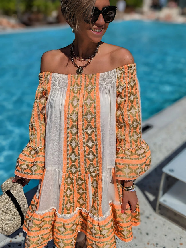 Mae - Ethnic-print off-shoulder mini dress