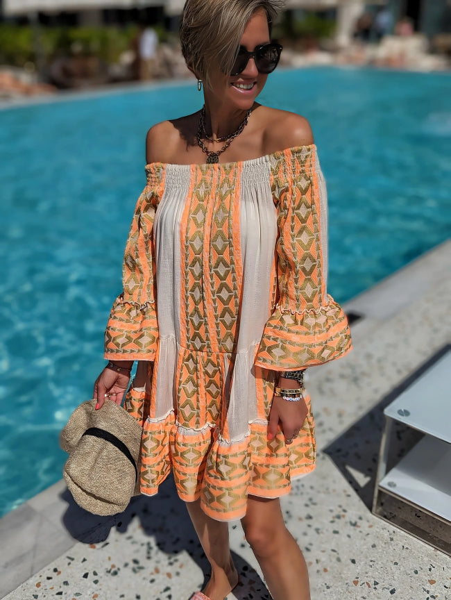 Mae - Ethnic-print off-shoulder mini dress