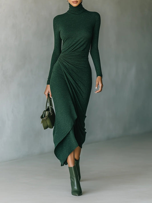 Stella ™ | Turtleneck Pleated Irregular Wrap Midi Dress