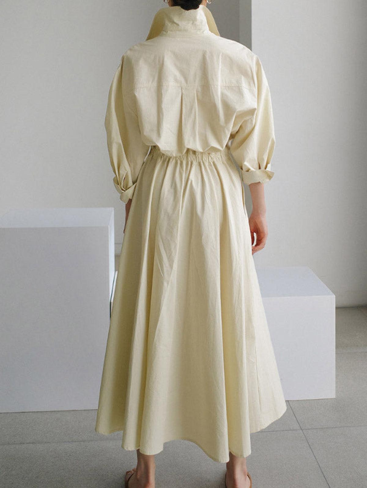 Stella ™ | Pocket Button Lapel Collar Fold Solid Midi Dress