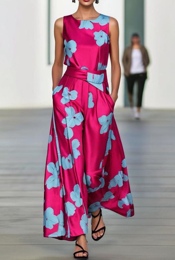 Lucia™ - Fashionable Pink Maxi Dress with Blue Flowers